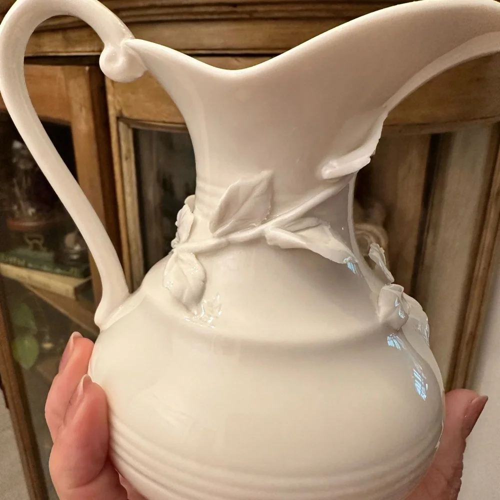 Vintage Porcelain Floral Pitcher - White Raised Rose Accent